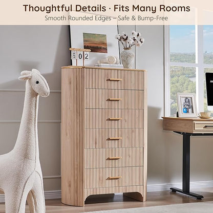 Fluted 6 Drawer Tall Dresser with Curved Profile,47.8" Tall Drawers with Reeded Texture,Gold Handles Storage Organizer Cabinet for Bedroom,Living Room,Entryway,Light Oak