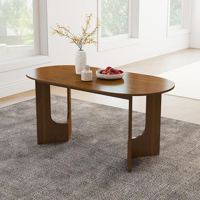 63" Oval Wooden Dining Table, Farmhouse Walnut Kitchen & Dining Room Table for 4-6 Seats, Modern Long Dinner Table with Pedestal Base, Home Desk for Kitchen, Living Room, Medium Walnut
