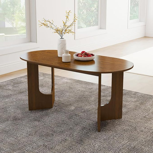 63" Oval Wooden Dining Table, Farmhouse Walnut Kitchen & Dining Room Table for 4-6 Seats, Modern Long Dinner Table with Pedestal Base, Home Desk for Kitchen, Living Room, Medium Walnut