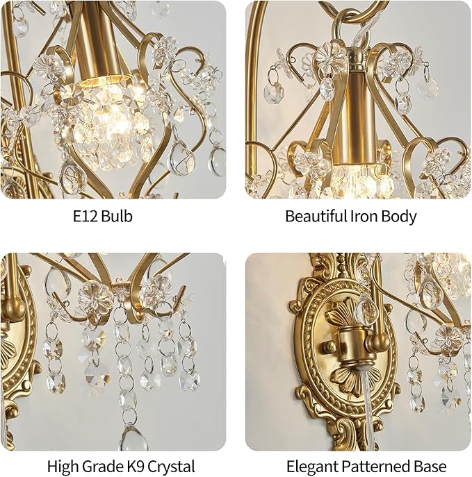 Gold Crystal Vintage Plug in Wall Sconces Set of 2 Indoor Wall Light Fixture, Modern Wall Mount Lamp Light for Bedroom Living Room Bathroom Vanity Light Hallway Light Fixture Decor LED E12