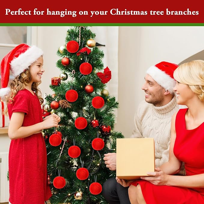 12Pcs Red Furry Christmas Ball Ornament for Xmas Tree Red Soft Faux Fur Pom Pom Ball Ornaments Christmas Tree Hanging Decorations for Winter Party Home Decor Costume Supplies