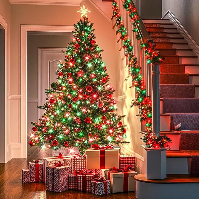 JMEXSUSS Connectable Red and Green Christmas Lights, 8 Modes 100 LED Twinkle String Lights Indoor, Clear Wire Plug-in String Lights Outdoor Waterproof