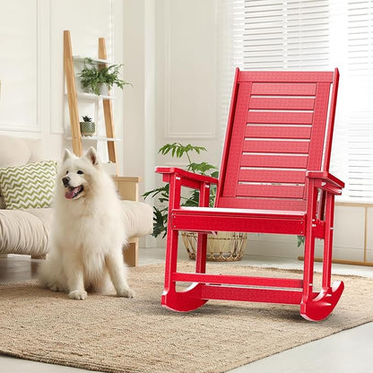 GREENVINES Outdoor Rocking Chairs | Porch Rocker | HDPE Plastic | Red | Oversized Rockers | High Back | Big & Tall | Ladder Back | for Patio Outside Backyard Balcony Garden