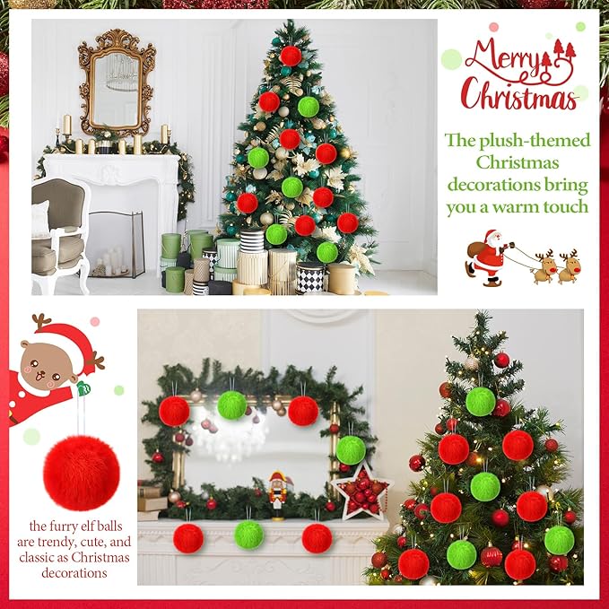 12Pcs Furry Christmas Ball Ornament for Xmas Tree Red Green Soft Faux Fur Pom Pom Ball Ornaments Green Christmas Tree Hanging Decorations for Winter Party Home Decor Costume Supplies