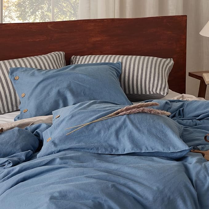 Bedsure Linen Duvet Cover Queen - Linen Cotton Blend Bedding Set, Soft & Cozy, 3 Pieces, 1 Duvet Cover 90x90 Inches and 2 Pillowcases, Foggy Blue Color Cooling Bedding, Comforter Sold Separately