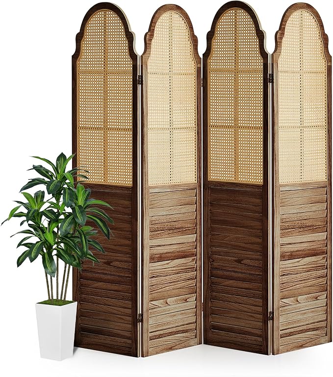 4 Panels Room Divider Wall, Rustic Rattan Room Divider, Wood Folding Privacy Screen, Foldable Wood Divider Wall, Portable Partition Screen, Wall Divider for Room Separation (Brown)