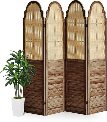 4 Panels Room Divider Wall, Rustic Rattan Room Divider, Wood Folding Privacy Screen, Foldable Wood Divider Wall, Portable Partition Screen, Wall Divider for Room Separation (Brown)