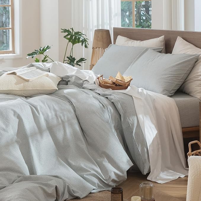 MooMee Striped Duvet Cover Set 100% Washed Cotton Linen Like Textured Breathable Durable Soft Comfy (Heathered Green Pinstripes, Cal King 104"x98")