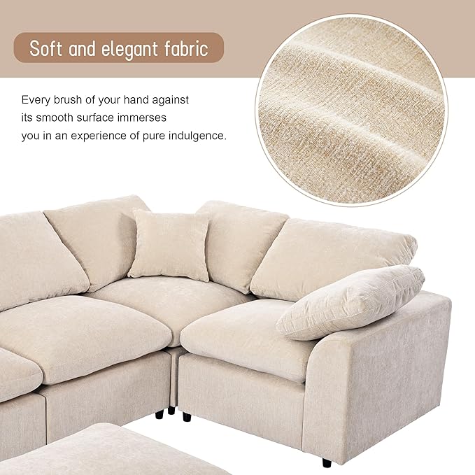 129" Large Modular Sectional Sofa L Shaped Modern Couch, Beige