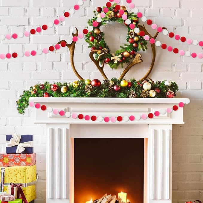 MARFOREVER 4 Pack 26.3 Feet Pink Christmas Decorations Red Pink White Pom Pom Garlands Christmas Felt Ball Hanging Supplies for Xmas Valentine's Day Wedding Birthday Party Home Wall Decor