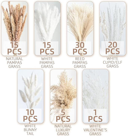 96PCS Natural Dried Pampas Grass Boho Home Decor Bouquet Phragmites Dried Flowers Bouquet for Wedding Floral Arrangements Home Decorations (96PCS)
