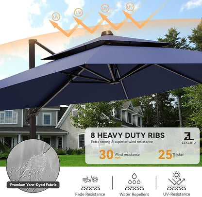 9x12FT Cantilever Patio Umbrella - Heavy Duty Double Layer Offset Design with 360° Rotation, Large Rectangle Sun Shade Umbrella for Garden, Deck, Pool, Backyard, Navy