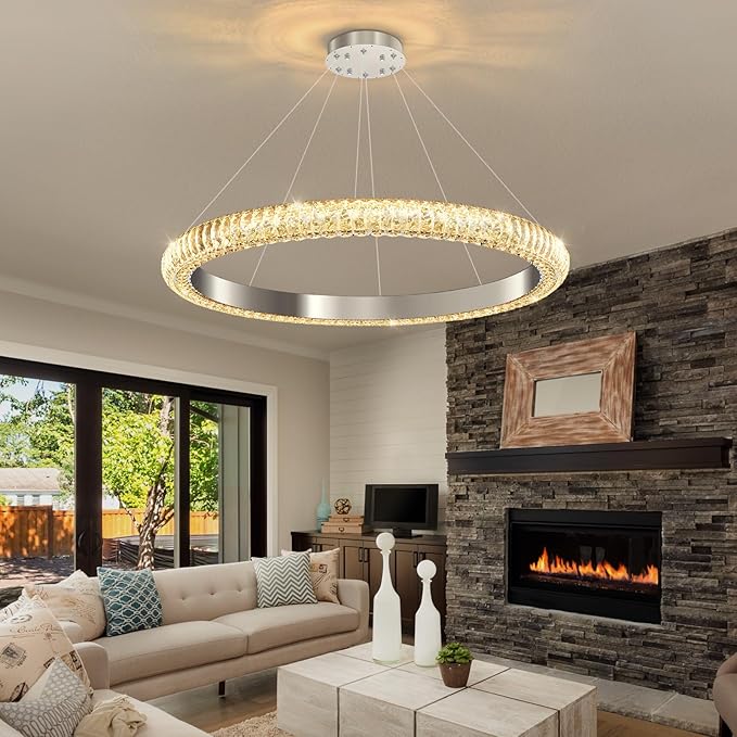 31.5" 1 Ring Crystal Chandelier Modern LED Dimmable Ring Pendant Light Chandelier for Dining Room Living Room Silver
