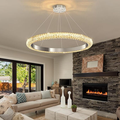31.5" 1 Ring Crystal Chandelier Modern LED Dimmable Ring Pendant Light Chandelier for Dining Room Living Room Silver
