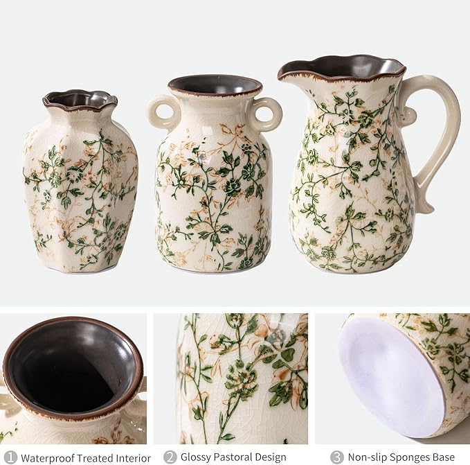 Ceramic Vases Set of 3, Green & Beige Chinoiserie Flower Pitcher Vase, Farmhouse Vintage Floral Vase Home Decor for Mantle, Fireplace, Kitchen Counter, Living Room Bookshelf Rustic Table Centerpiece