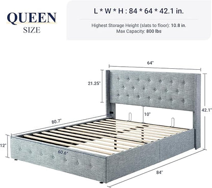 Allewie Queen Size Lift Up Storage Bed, Button Tufted Headboard with Wingback, Hydraulic Support, No Box Spring Needed, Grey Blue