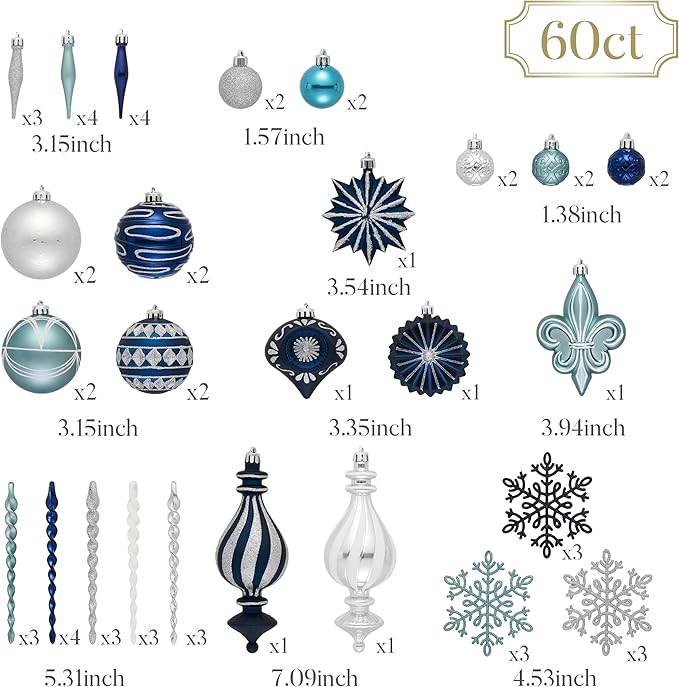 Valery Madelyn Ornaments for Christmas Trees, 60ct Navy Blue and Silver Shatterproof Christmas Tree Decorations, Luxury Hanging Ball Ornaments Bulk for Xmas Holiday Party Decor