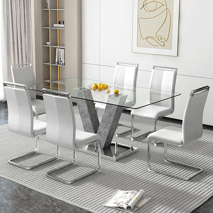 71" Glass Dining Table Set for 6, Kitchen Table and 6 PU Leather Chairs, Dining Table Set Ideal for Living Room