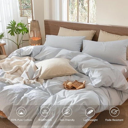 MooMee Striped Duvet Cover Set 100% Washed Cotton Linen Like Textured Breathable Durable Soft Comfy (Cornflower Blue White Pinstripes, Palatial King/Oversized King 120"x98")