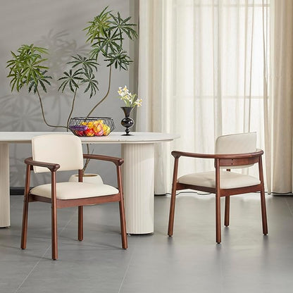 Christopher Knight Home Emeny Modern Faux Leather Upholstered Dining Chairs Set of 2, PU Kitchen Side Chairs with Wooden Frame, Living Room Comfy Reading Chair with Curved Backrest, Beige+Dark Walnut
