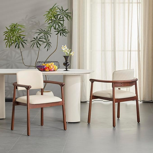 Christopher Knight Home Emeny Modern Faux Leather Upholstered Dining Chairs Set of 2, PU Kitchen Side Chairs with Wooden Frame, Living Room Comfy Reading Chair with Curved Backrest, Beige+Dark Walnut