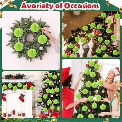 24 Pcs Green Furry Christmas Ball Ornaments for Tree 3.94 Inches Large Pom Pom Ball Christmas Hanging Decoration for Party Supplies Fireplace Mantel Wall Decor