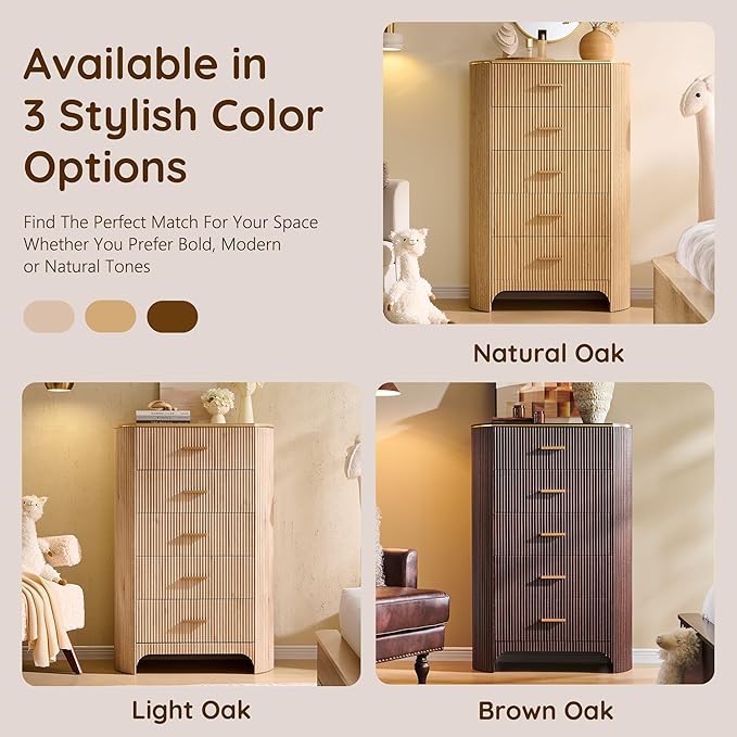 Fluted 5 Drawer Tall Dresser with Curved Profile,47.8" Tall Drawers with Reeded Texture,Gold Handles Storage Organizer Cabinet for Bedroom,Living Room,Entryway,Brown Oak