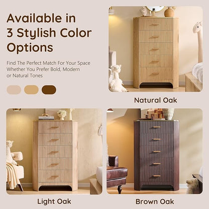 Fluted 5 Drawer Tall Dresser with Curved Profile,47.8" Tall Drawers with Reeded Texture,Gold Handles Storage Organizer Cabinet for Bedroom,Living Room,Entryway,Brown Oak