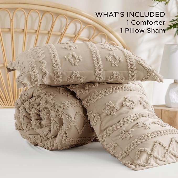Bedsure Tufted Boho Comforter Set Twin Size - Khaki Boho Bed Set, GentleSoft™ 2 Pieces Farmhouse Shabby Chic Embroidery Bedding, Gifts for Woman, Soft Jacquard Twin Comforter for All Seasons