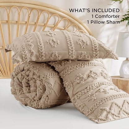 Bedsure Tufted Boho Comforter Set Twin Size - Khaki Boho Bed Set, GentleSoft™ 2 Pieces Farmhouse Shabby Chic Embroidery Bedding, Gifts for Woman, Soft Jacquard Twin Comforter for All Seasons