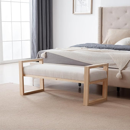 Kmax Entryway Bench, Wooden Bench for Bedroom End of Bed with Hollow Arms Farmhouse Upholstered Bench Rustic Window Bench for Entry Way Bedroom Living Room - Linen, Beige