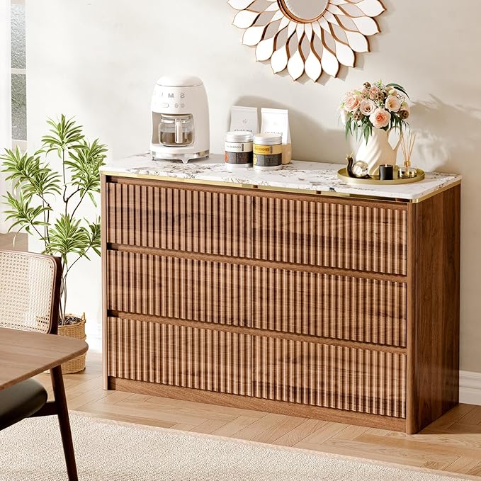 Fluted Dresser for Bedroom with 6 Drawers, 47.2" Modern Chest of Drawers with Faux Marble Top, Curved Profile Design,Dresser TV Stand, Wood Drawer Organizer for Living Room, Hallway, Walnut