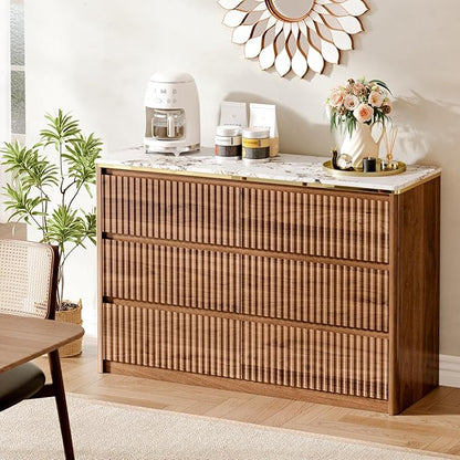 Fluted Dresser for Bedroom with 6 Drawers, 47.2" Modern Chest of Drawers with Faux Marble Top, Curved Profile Design,Dresser TV Stand, Wood Drawer Organizer for Living Room, Hallway, Walnut