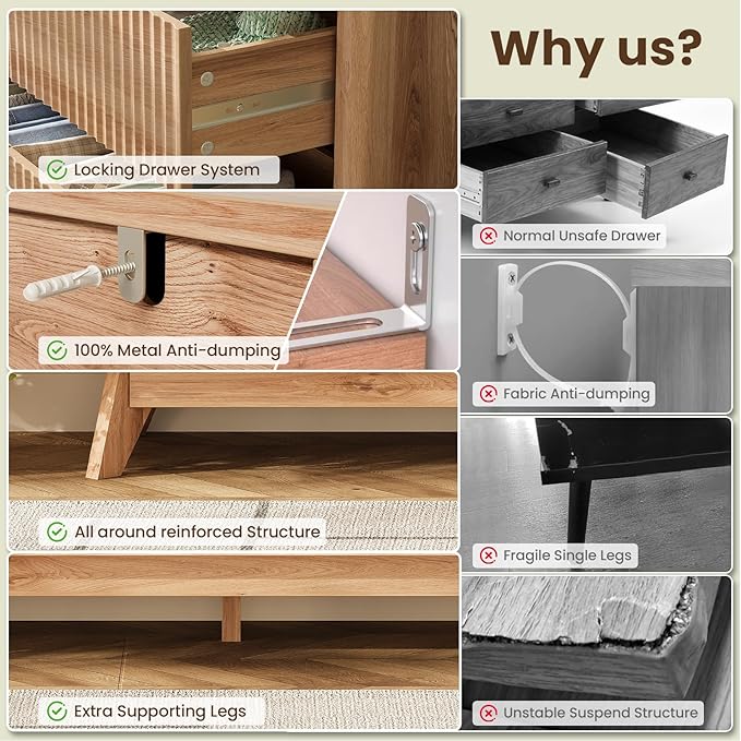 54'' Wide 7 Drawers Dressers for Bedroom, Modern Fluted Chest with Arc Corners, Large Wooden Dresser TV Stand, Wood Closet Clothes Storage Organizer for Living Room, Natural Wood