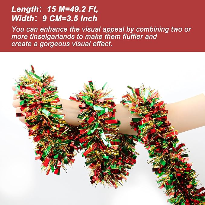 50 FT Christmas Tinsel Garland Christmas Decorations for Xmas Tree Decor Metallic Twist Shiny Hanging Garlands for Tree Mantel Stairs Fireplace Home Indoor Holiday Party Supplies (Red Green Gold)