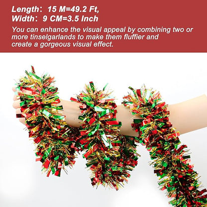 50 FT Christmas Tinsel Garland Christmas Decorations for Xmas Tree Decor Metallic Twist Shiny Hanging Garlands for Tree Mantel Stairs Fireplace Home Indoor Holiday Party Supplies (Red Green Gold)