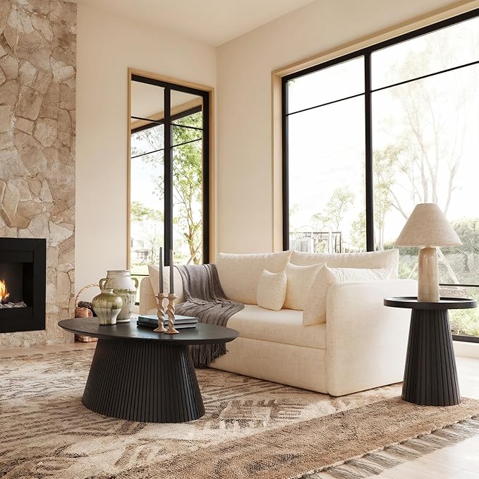 win2win Oval Coffee Table, Modern Coffee Table with Fluted Design, Minimalist Tea Table with Wood Grain Veneer, Small Funky Center Table for Living Room, Apartment, Office, Black