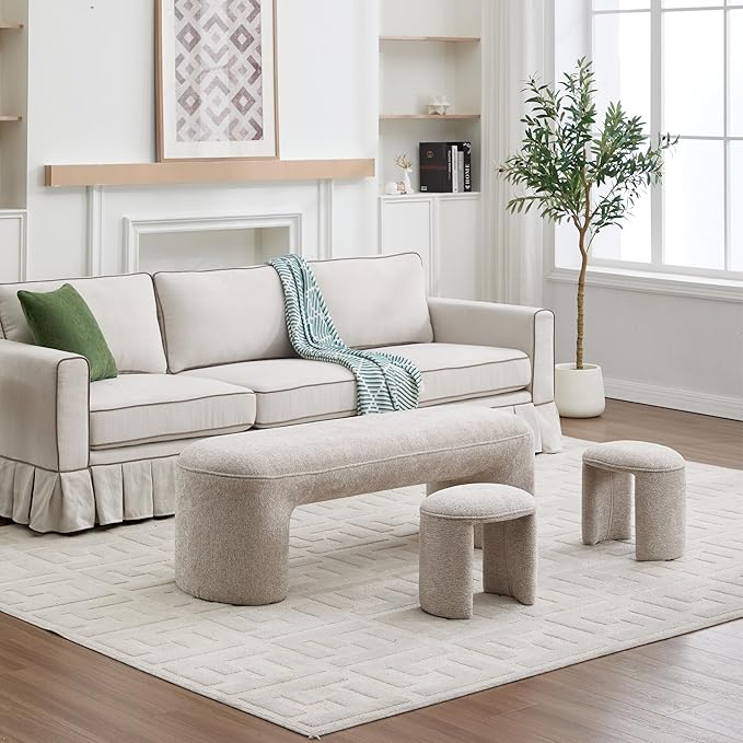 3-Pieces Modern Upholstered Ottoman Waterfall Bench for Bedroom End of Bed Accent Chair, 53" Chenille Entryway Bench Sets, Comfy Indoor Narrow Window Bench Bed Stool Living Room Bedroom, Oatmeal