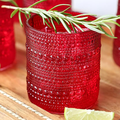 Kate Aspen Red Hobnail Vintage Drinking Glasses Set of 6-10 oz Beaded Glassware for Cocktails, Tea, Water, Juice | Ribbed Retro Glass Cups for Entertaining, Gift Giving or Bar Decor