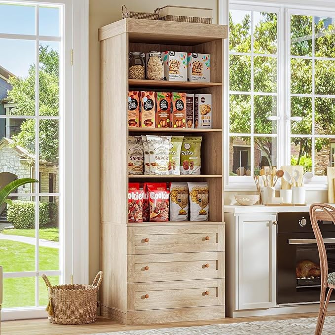 Vyre 71" Tall Farmhouse Bookshelves with Drawers, Large Modular Bookcase with Adjustable Shelves, Storage Cabinet for Living Room， Home Office, Kitchen, Brown