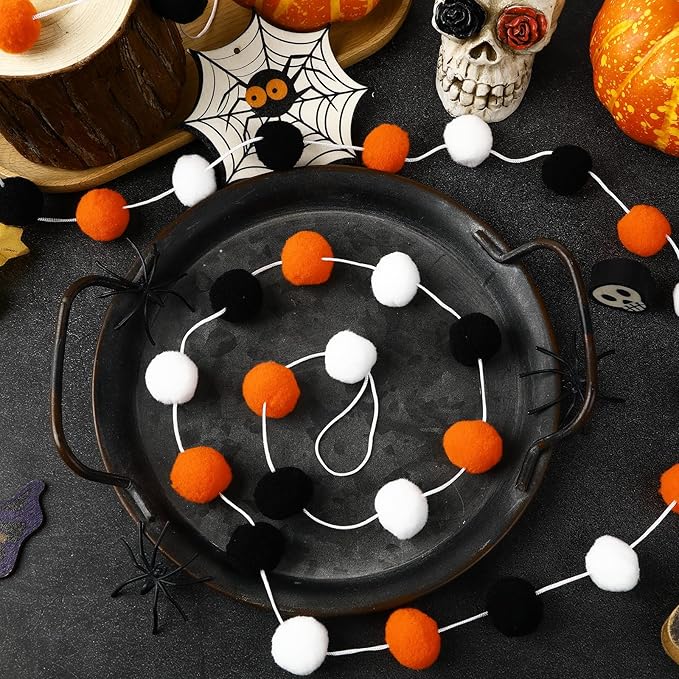 MARFOREVER Halloween Pom Pom Garlands Decorations, 4 Pack 26.3 Feet Halloween 30 Balls Black Orange White Felt Ball Hanging Garlands for Autumn Xmas Party Home Wall Decor Supplies