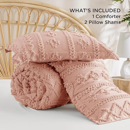 Bedsure Tufted Boho Comforter Set Queen Size - Pink Boho Bed Set, GentleSoft™ 3 Pieces Farmhouse Shabby Chic Embroidery Bedding, Gifts for Woman, Soft Jacquard Queen Comforter for All Seasons