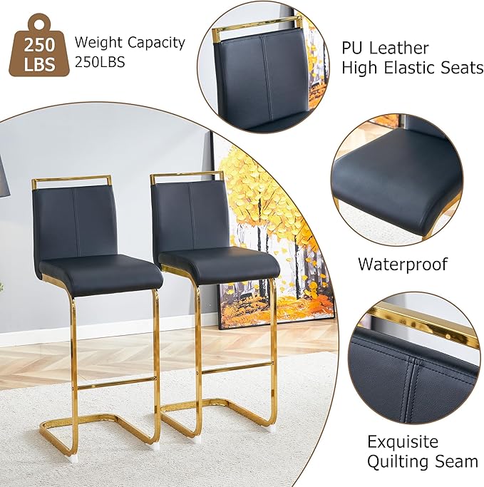 Counter Height Bar Stools Set of 2,Bar Stools with Back,30" Black Island Chairs with Gold Chrome Plated Metal Leg,Faux Leather Barstools for Pub Kitchen Counter Dining Chair
