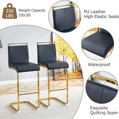 Counter Height Bar Stools Set of 2,Bar Stools with Back,30" Black Island Chairs with Gold Chrome Plated Metal Leg,Faux Leather Barstools for Pub Kitchen Counter Dining Chair