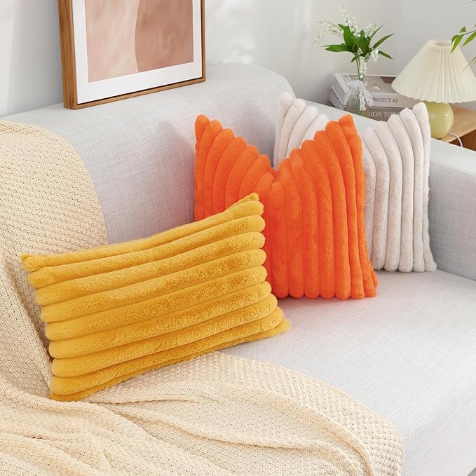 decorUhome Faux Fur Throw Pillow Covers 12x20 Set of 2, Decorative Soft Plush Striped Lumbar Neutral Euro Pillow Covers with Velvet Back for Bed, Living Room Home Decor, Beige