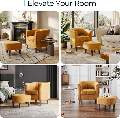 LINSY Accent Chair with Ottoman, Modern Armchair Comfy Barrel Reading Chair with Footrest for Living Room Bedroom Reading Room, Velvet, Yellow
