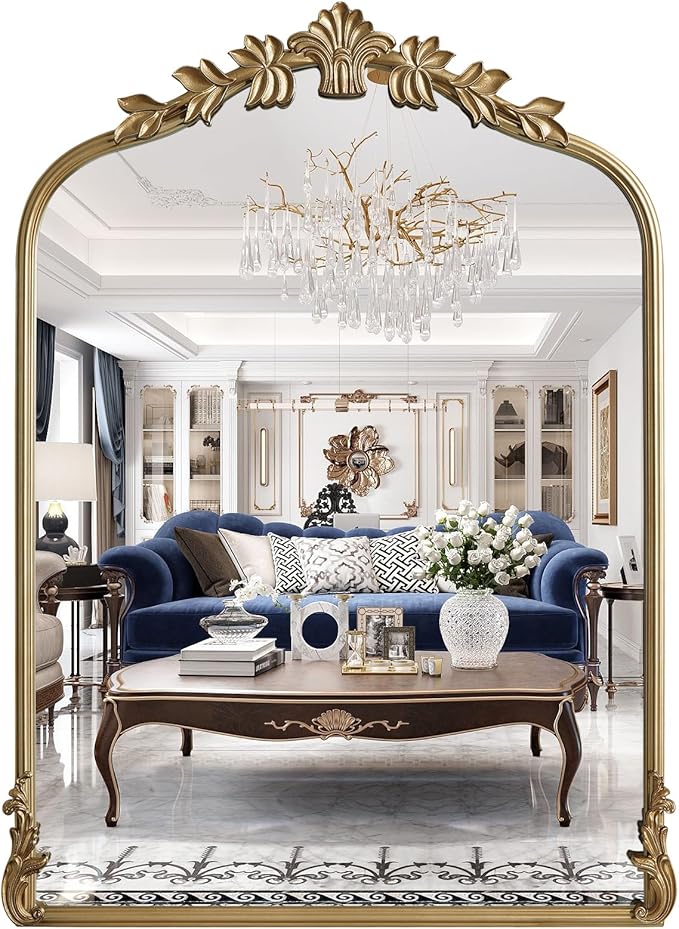 WallBeyond Gold Antique Mirror for Vanity 22x30 Inch, Gold Vintage Wall Mirror with Ornate Frame, Arched Vintage Wall for Bathroom, Living Room, Fireplace