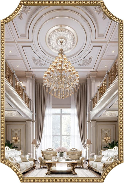 24"x36" Mirror for Wall, Scalloped Corners Rectangle Decorative Mirror, Metal Beaded Frame Accent Wall Decor for Bathroom, Entryway, Mantel, Antique Gold