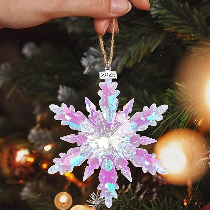 2025 Annual Edition Snowflake Crystal Christmas Ornament, Large Crystal Ornaments Display Winter House Decor with Gift Box (Colourful B)