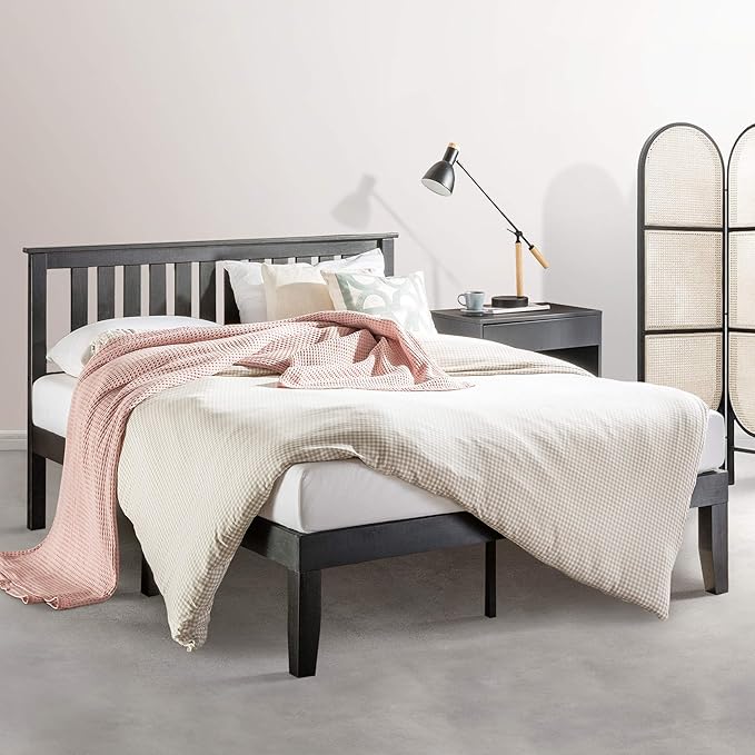 Mellow Marley 14 Inch Solid Wood Platform Bed with Paneled Headboard, Ebony Black, Queen